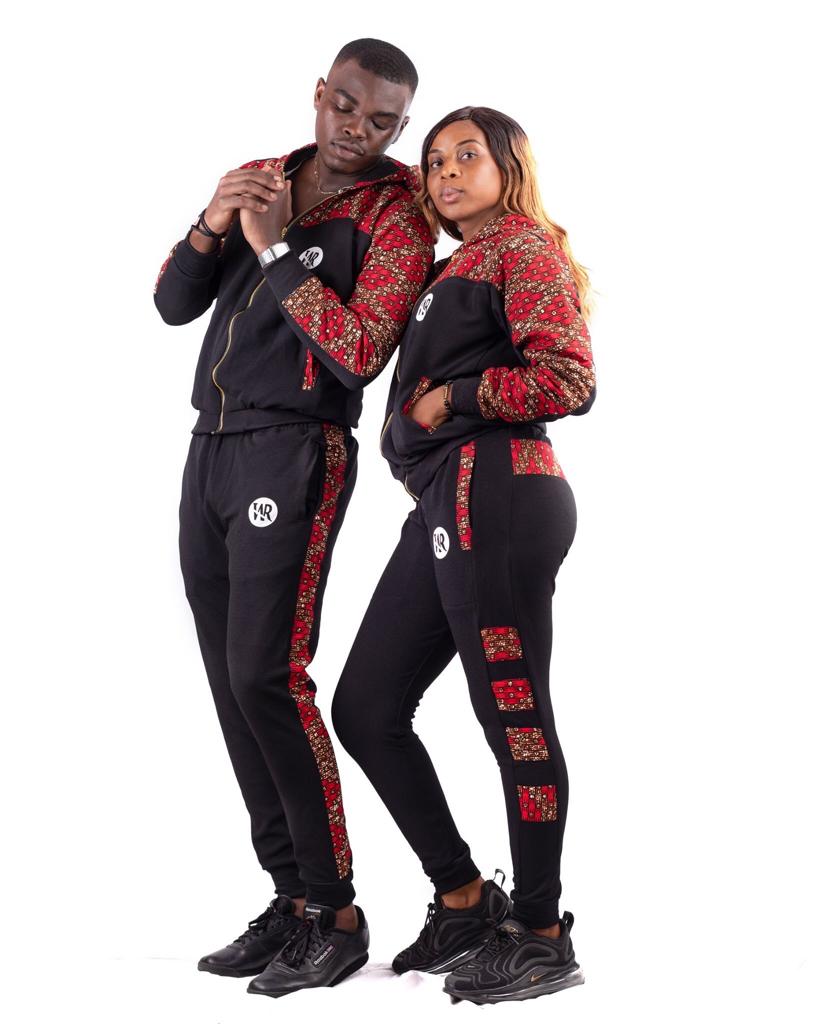 Reder Jogging à capuche imprimé africain pour hommes (Noir /Pagne rouge noir)